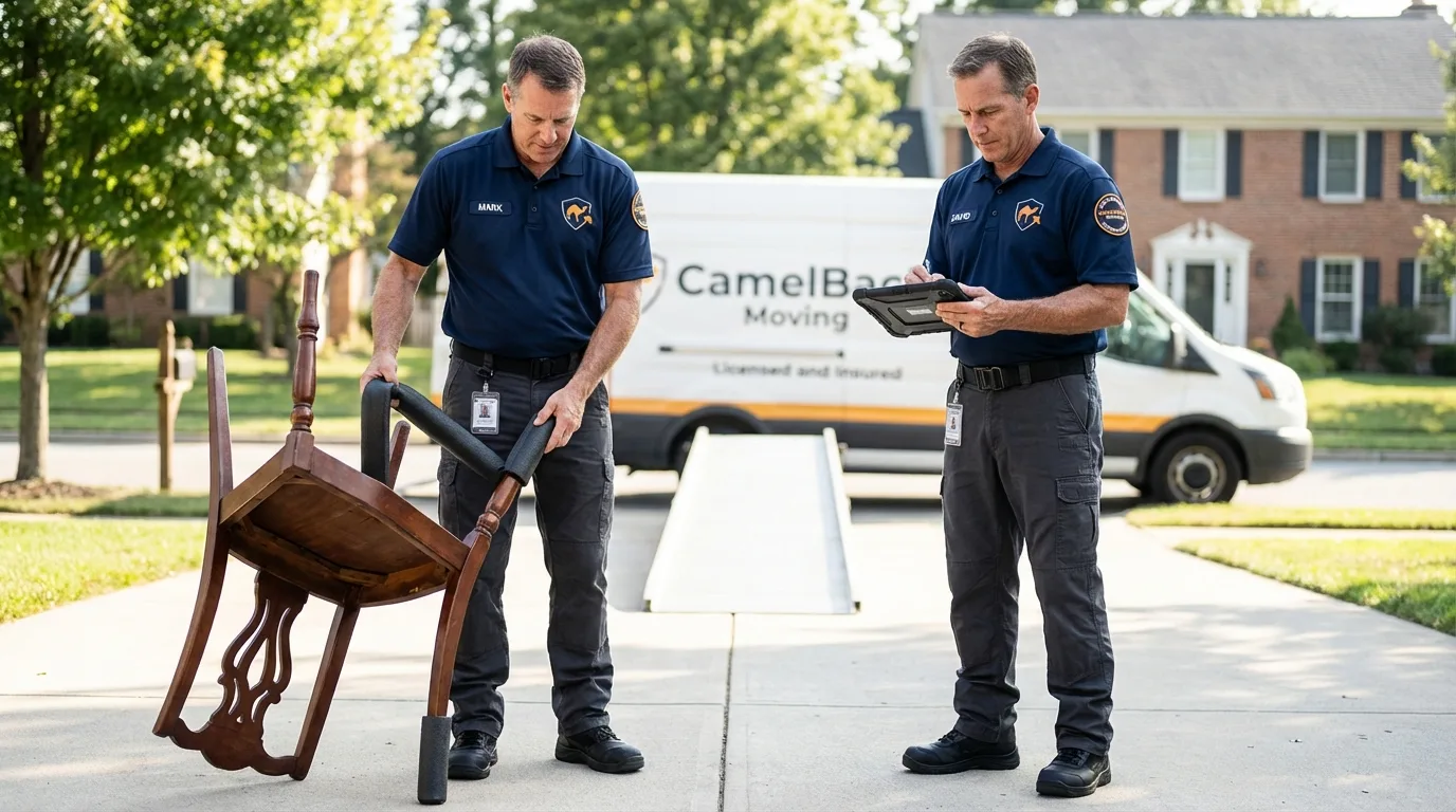 Movers inspecting furniture for damage prevention before loading in Pickerington, OH
